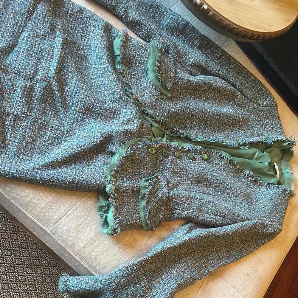 Lillie Rubin Teal Tweed Two Piece Skirt Blazer Set Size 2 - Picture 8 of 15